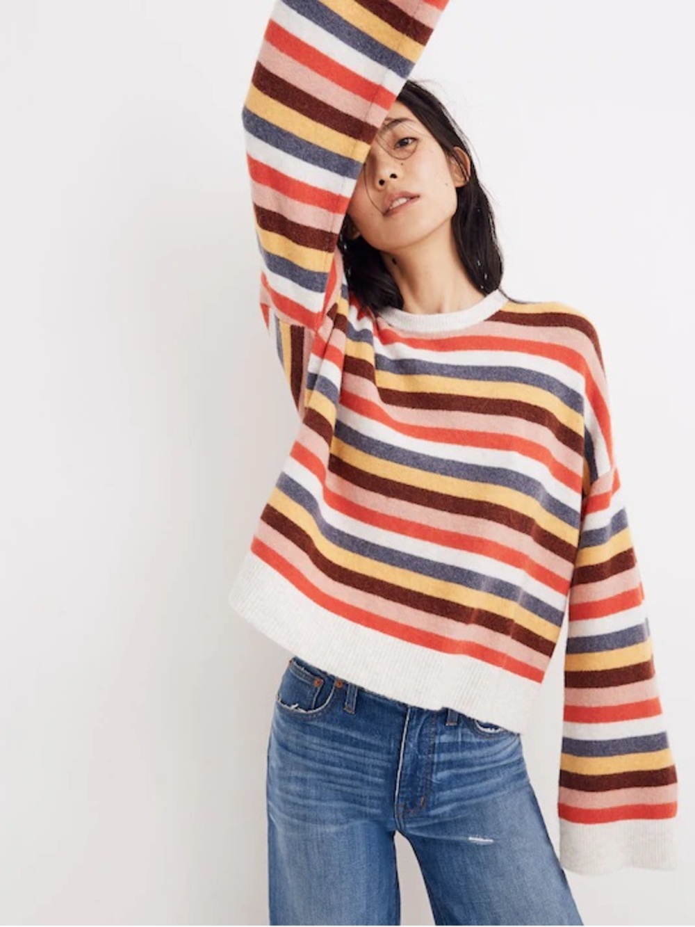 Madewell Cardiff Striped Crewneck Sweater in Coziest Yarn Heather Platinum in M